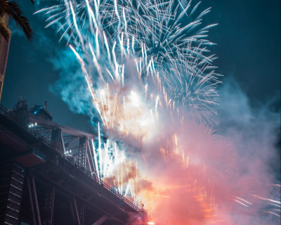 fireworks on bridge during night time